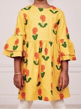 Mini Rodini Yellow Floral Tiered-Sleeve Dress 9 y.o.